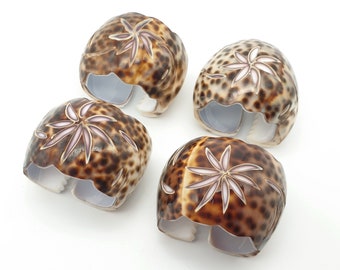 1970's Carved Cowrie Shell Napkin Rings - Set of Four - Handmade Natural Tableware Decoration - Palm Tree Design - Lovely Condition