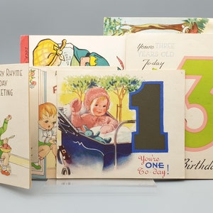 Cartes d'anniversaire pour enfants des années 1950 - Imprimées en Angleterre - Dessins colorés - Âge 1, 3, 4, 5 ans - Design original du milieu du siècle - Très bon état