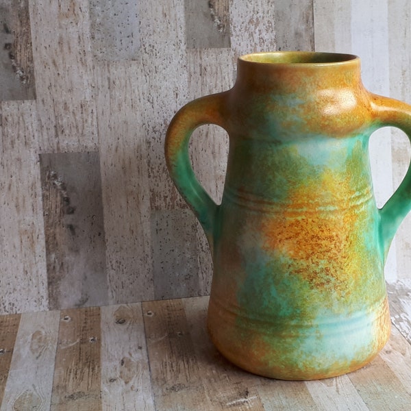 Rare 1930's Art Deco Two Handled Vase - Mould No 353 - Experimental mottled green yellow glaze