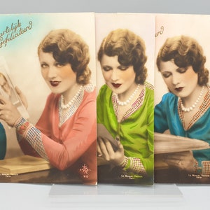 Cartoline francesi "Congratulazioni" degli anni '30 - Manuel Freres, Parigi - Biglietti di compleanno olandesi - Moda anni '30 - Fotografia colorata