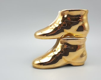 Botas doradas de cerámica de los años 50 - Studio Ceramics Braunton, Devon - Par de botas Lucky Pixie - Fabricadas en Inglaterra - En perfecto estado