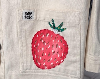 Strawberry Beaded White Jean Jacket