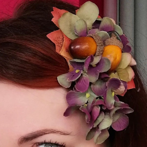 Modern Pin Up 1940s 1950s Purple/Green Hydrangea Autumn Acorn Hair Flower Corsage Vintage Prom Wedding Birthday