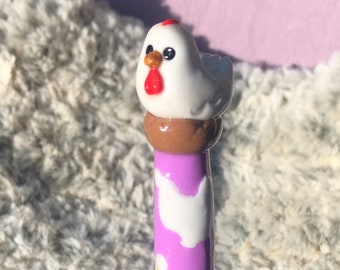 Crochet hook chicken in a nest with chicken silhouettes and flowers polymer clay handmade to order crochet hook!