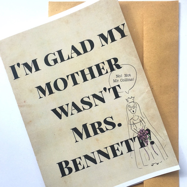 Pride and Prejudice Card. Instant Download, Printable, DIY, Digital PDF File. Jane Austen. Book Lover. Mrs Bennett, Mr Collins. Mother's Day