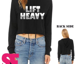 LIFT HEAVY crop top- long sleeve, workout shirt, fitness, cheetah print, unisex, hoodie, weight training, barbell