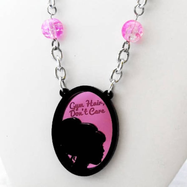 Gym Hair Don't Care - laser cut acrylic, layered necklace, think chain, pink glass beads