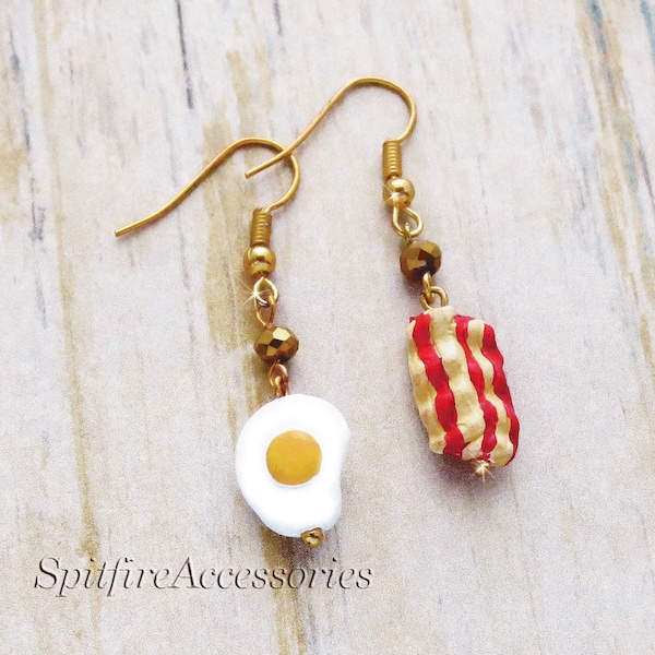 Eggs and Bacon - dangle earrings, gold crystal accent, breakfast, charms