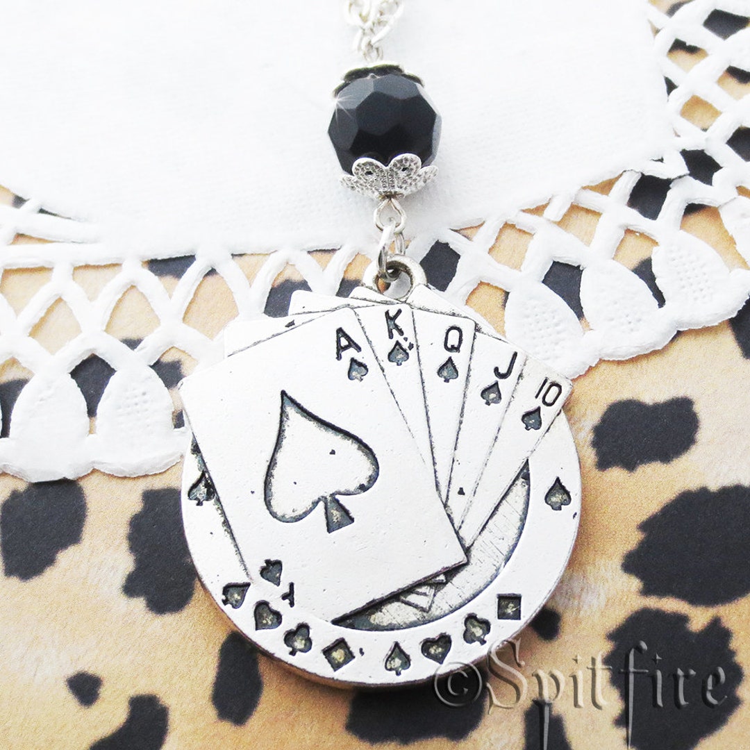 Poker Face Necklace Silver Cards and Chip Charm Black 