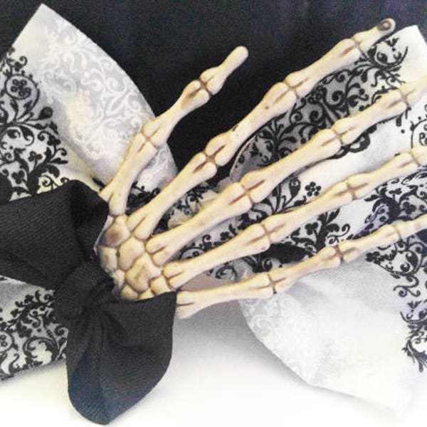 Creepy Skull Hand - couture fabric bow, damask, Halloween, gothic