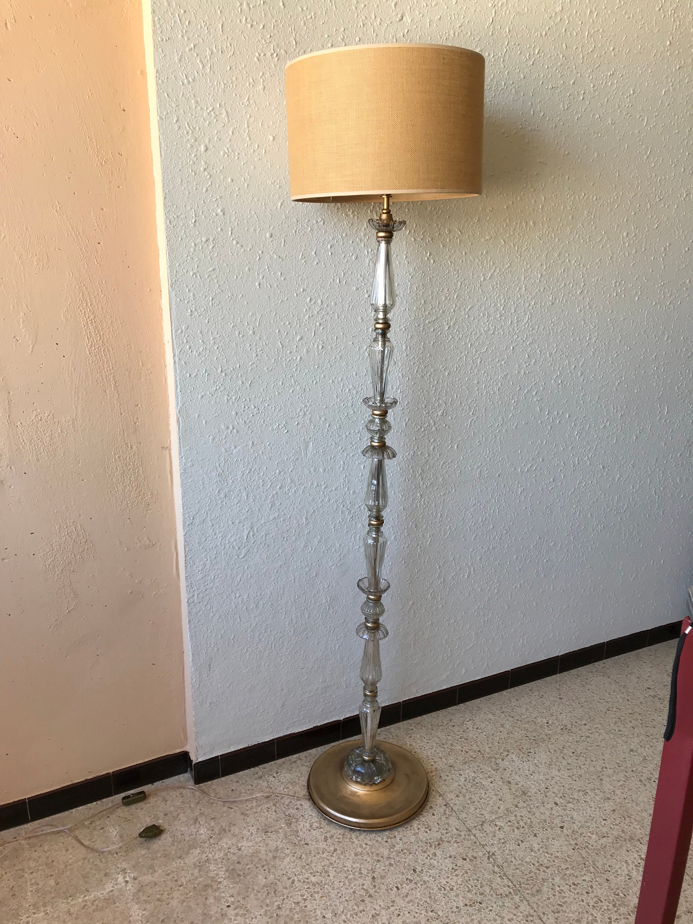 Lampadaire Vintage en Métal Doré et Verre