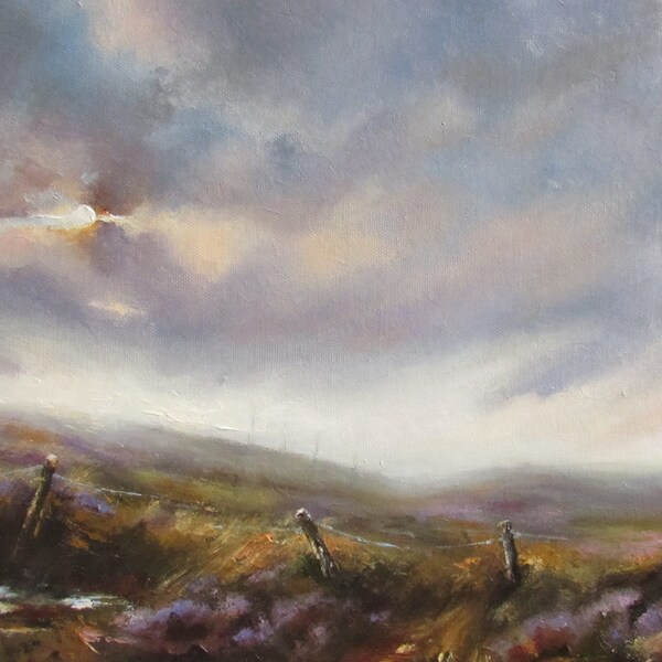 Oil painting on  Canvas. Moorland Scene,( Heather Moors above Crag Vale, West yorkshire)