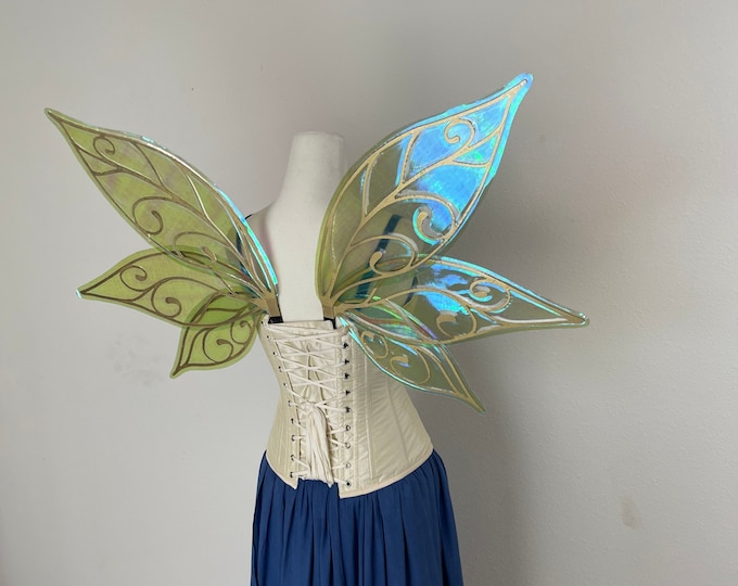 Medium Green and Gold Iridescent Fairy Wings, Costume Fairy Wings, Gold Fairy Wings