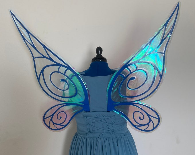 Large  Blue Iridescent Cosplay Fairy Wings, Steel Metal Fairy Wings, Adult Iridescent Fairy Wings