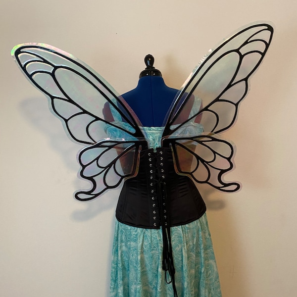 Large Black and Iridescent Butterfly Fairy Wings, Steel Cut Metal Fairy Wings