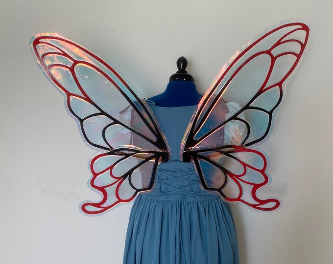 Large Red and Black Iridescent Butterfly Fairy Wings,  Steel Cut Metal Fairy Wings