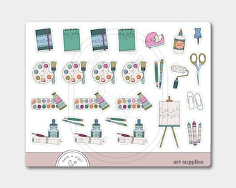 May include: A collection of art supplies stickers, including notebooks, paint palettes, paintbrushes, watercolor sets, pens, a paint roller, scissors, paper clips, an easel, ink bottles, and crayons. The text "art supplies" is at the bottom.