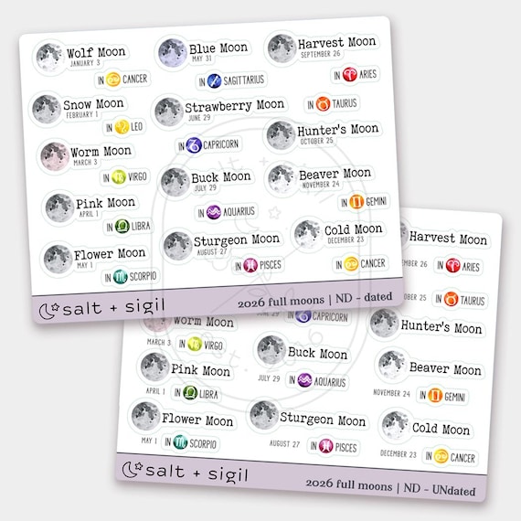 Full Moons 2026 // Planner Stickers | Celestial Events, Gift, Lunar