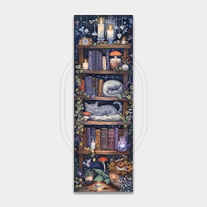 May include: A whimsical illustration of a bookshelf filled with books, candles, and decorative items. A gray cat is sleeping on a shelf. The shelves are adorned with flowers and vines, creating a cozy and magical atmosphere. The color palette includes blues, browns, and soft whites.