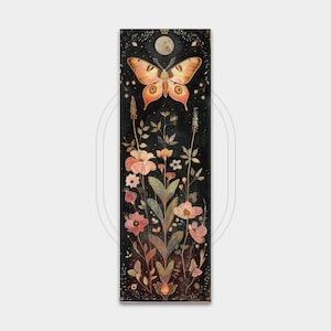 May include: Vertical art print featuring a large butterfly with orange and brown wings, a full moon, and a floral arrangement. The artwork has a dark background with stars and delicate details in pink, white, and gold. The overall theme is nature and fantasy.