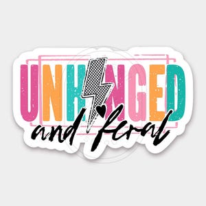 May include: A sticker with the words "UNHINGED and feral" in a colorful, distressed font. The word "UNHINGED" is in pink, orange, teal, and pink. A black and white checkered lightning bolt and a black heart are in the center.
