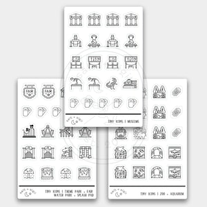 May include: Three sheets of stickers with black and white tiny icons. The stickers feature icons of museums, theme parks, fairs, water parks, splash pads, zoos, and aquariums. The text "TINY ICONS" is included on each sheet.