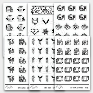 May include: A set of 10 black and white Halloween themed sticker sheets. The sheets feature various icons including ghosts, bats, pumpkins, shopping carts, trash cans, paper clips, envelopes, and boxes. The text "TO DO" appears on several of the sheets.