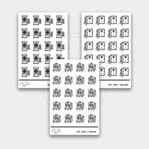 May include: Three sheets of stickers with black and white illustrations of various activities. The first sheet has 25 stickers of a clock with candles. The second sheet has 25 stickers of a pool table with cues. The third sheet has 25 stickers of an easel with a paintbrush. The text "salt + sigil co." appears on the bottom of the first and third sheets. The text "TINY ICONS I BILLIARDS" appears on the bottom of the second sheet. The text "TINY ICONS I PAINTING" appears on the bottom of the third sheet.
