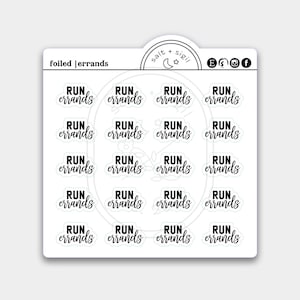 May include: A sheet of white stickers featuring the text "RUN errands" in a black, handwritten font, within a cloud shape. The sheet also includes the text "foiled | errands" and a logo with a crescent moon and star.