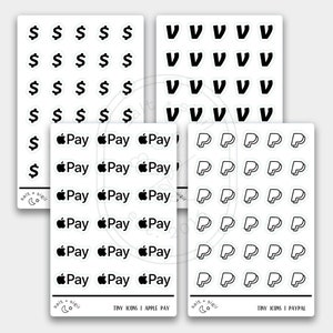 May include: Four sheets of stickers with various icons. The first sheet has black dollar signs, the second sheet has black letter V's, the third sheet has black Apple Pay icons, and the fourth sheet has black PayPal icons.
