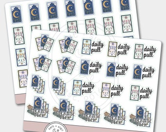May include: A set of 20 tarot card stickers featuring a moon and stars design. The stickers are printed on clear vinyl and have a matte finish. The stickers are perfect for adding a touch of magic to your planner, journal, or laptop.