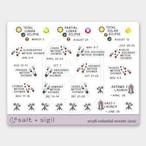 May include: A sticker sheet featuring celestial events for 2026, including lunar and solar eclipses, and meteor showers. The design includes illustrations of the sun, moon, stars, and telescopes. Text includes dates and event names. The text "salt + sigil" is also present.