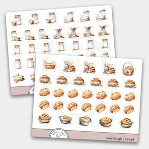 May include: A set of 40 watercolor stickers featuring various baking ingredients and sourdough bread. The stickers are white with a light brown border and feature illustrations of jars, bowls, scales, and loaves of bread.