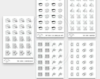 May include: A set of 10 black and white sticker sheets with various icons. The icons include a briefcase, a gavel, a document, an eye, an eyebrow, a hand, a tattoo machine, a tattoo, a piercing, and a Chanel logo. The text on the sheets reads "Tiny Icons" and the name of the icon category.