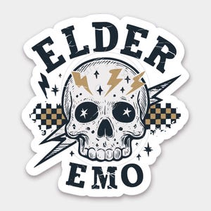 May include: A sticker featuring a detailed skull illustration with lightning bolts and stars. The words "ELDER" and "EMO" are printed above and below the skull in a distressed font. The design includes a checkered pattern and additional lightning bolts.