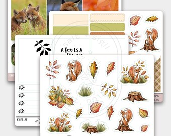 May include: A collection of decorative stickers featuring foxes, leaves, and foliage. The stickers include images of foxes, autumn leaves, and tree stumps. The text "A fox is a..." is visible. The stickers are labeled "fox flowers DECO ADD-ON".