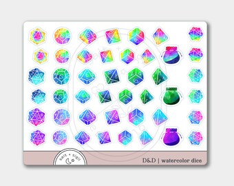 May include: A sheet of watercolor dice stickers in various shapes and colors, including rainbow, blue, green, and purple. The stickers are labeled "D&D | watercolor dice" and feature the "salt + sigil" logo.