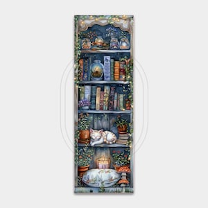May include: A whimsical illustration of a bookshelf filled with books, plants, and jars. A sleeping cat rests on a shelf. The bookshelf is decorated with fairy lights and vines, creating a cozy and inviting atmosphere. A candle and mushroom decorations are also present.