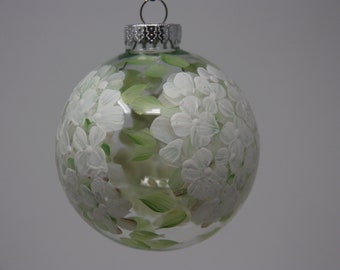 Hand painted Round Glass Christmas Ornament, White Hydrangea design floral ornament, round glass ornament