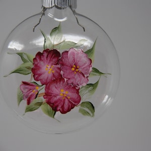 Hand painted glass disc Christmas ornament, pink wild rose floral ornament, garden lover, garden party favor