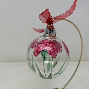 Hand painted Round Glass Christmas Ornament, Red Carnation design floral ornament