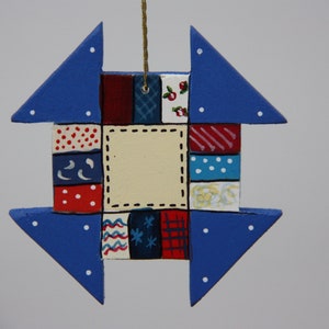 Hand crafted and Hand painted quilt square Christmas ornament, quilter gift, blue hand made patchwork quilt square ornament