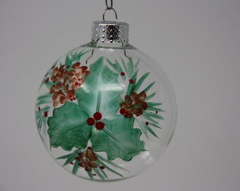 Hand painted Round Glass Christmas Ornament, holly ivy pine cone ornament 50 mm (2.0") - 70 mm (2.75")