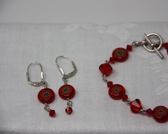 Red Beaded jewelry and earring set, Matching bracelet and earrings