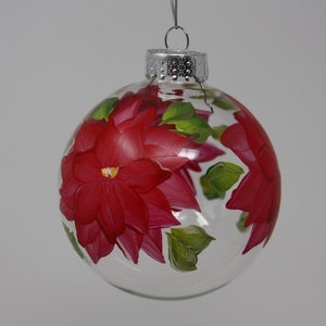 Hand painted Round Glass Christmas Ornament, red dahlia design floral ornament