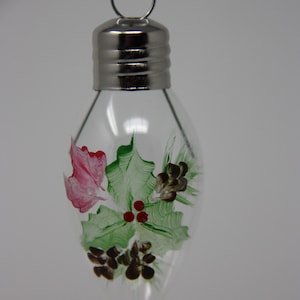 Hand painted Christmas light bulb glass Christmas Ornament, holly ivy pine cone ornament