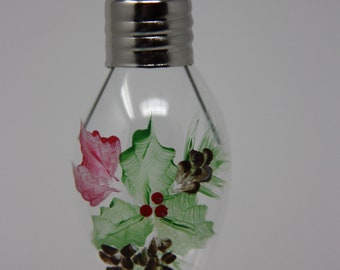 Hand painted Christmas light bulb glass Christmas Ornament, holly ivy pine cone ornament