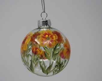 Hand painted Round Glass Christmas Ornament, Marigold design floral ornament