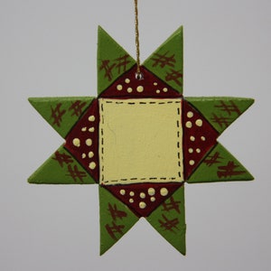 Hand crafted and hand painted quilt square Christmas ornament, quilter gift, Ohio Star hand made patchwork quilt square ornament