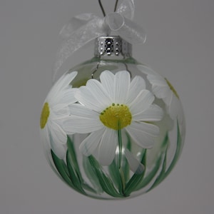 Hand painted Round Glass Christmas Ornament, Shasta Daisy design floral ornament